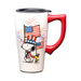 Travel mug with Snoopy and Woodstock design, featuring American flags and fireworks on a white background.