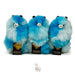 Three fluffy blue and white gradient plush toys with small gray eyes, shown from the back against a white background.