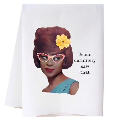 Card with a stylized illustration of a woman with a yellow flower in her hair and text 'Jesus definitely saw that' on a white background.