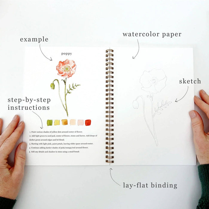 Open notebook with watercolor paper, poppy illustration, and step-by-step instructions on a white background.