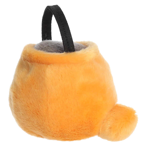 Orange plush toy resembling a bag with a black strap on a white background