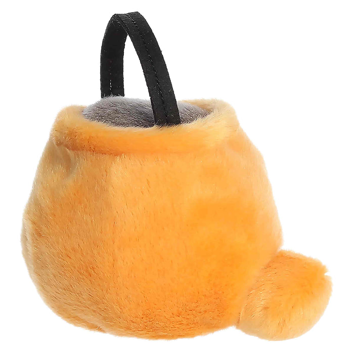 Orange plush toy resembling a bag with a black strap on a white background