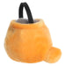 Orange plush toy resembling a bag with a black strap on a white background