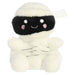 Plush toy resembling a mummy with a happy expression on a white background