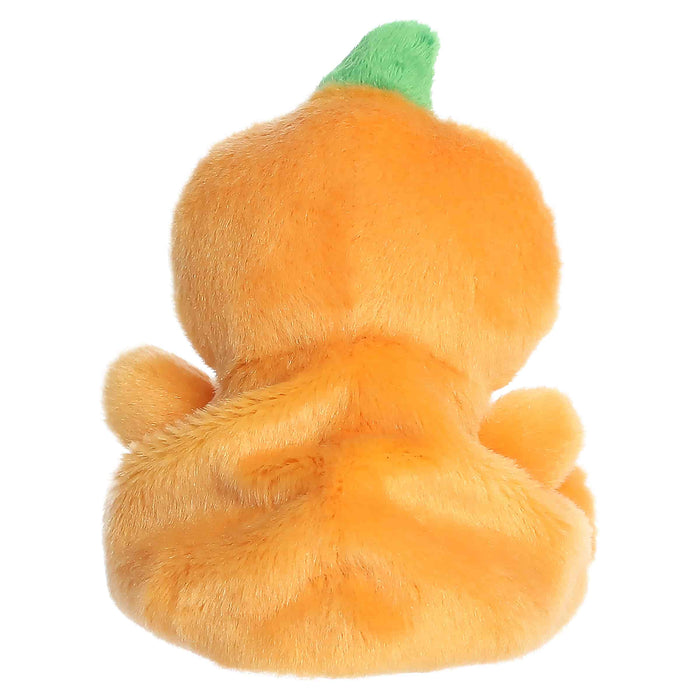 Plush toy shaped like a pumpkin with a green stem on a white background