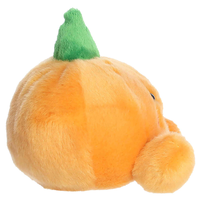 Plush toy shaped like a pumpkin with a green stem on a white background
