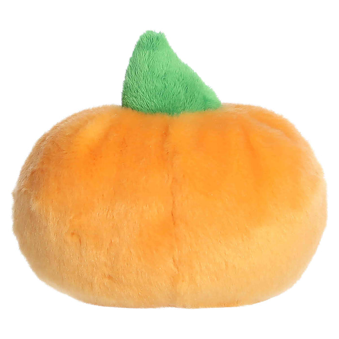 Plush pumpkin toy with a green stem on a white background