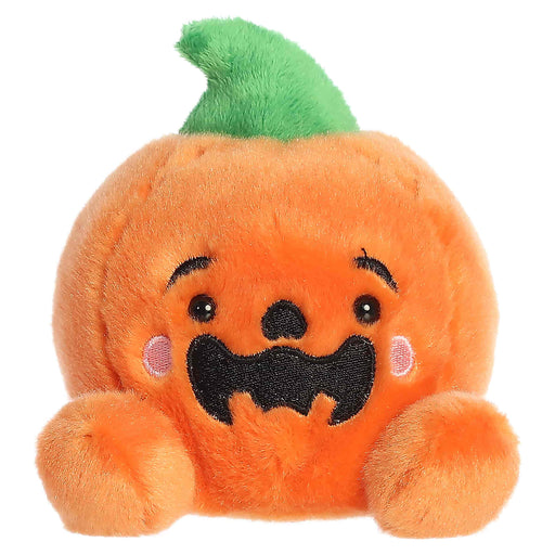 Plush pumpkin toy with a green stem on a white background