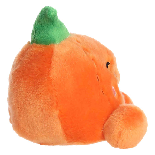 Plush toy shaped like a pumpkin with a green stem on a white background