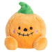 Plush toy pumpkin with a face on a white background