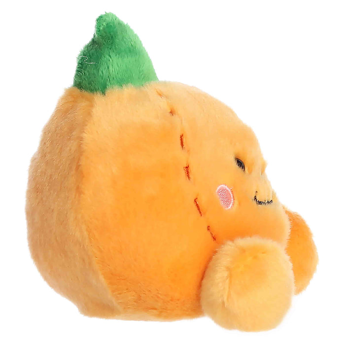 Plush toy shaped like a pumpkin with a face on a white background