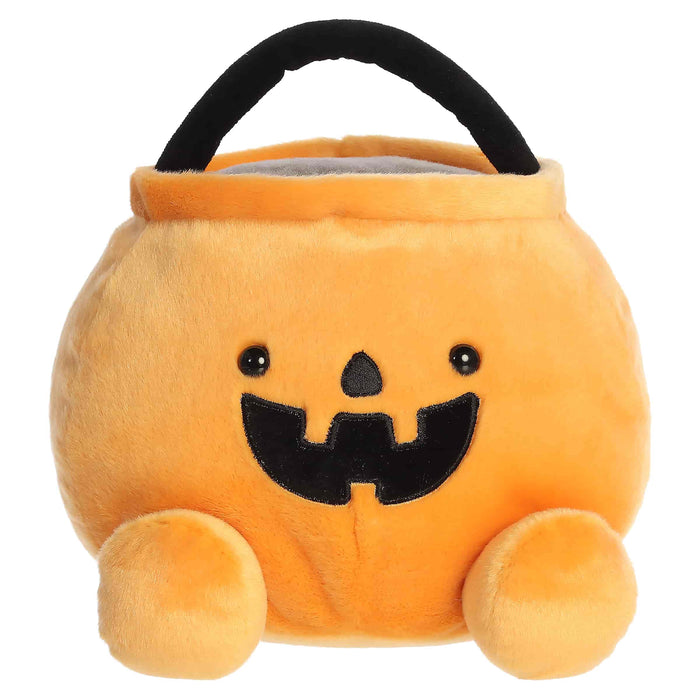 Plush Halloween pumpkin bucket with a face on a white background