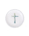 Round white object with a blue cross design on a white background