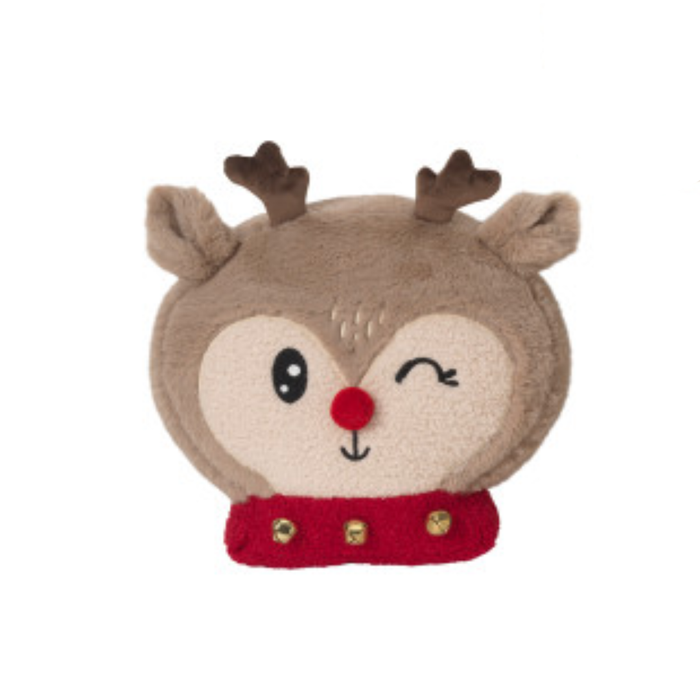 Plush reindeer toy with a red nose and red scarf on a white background