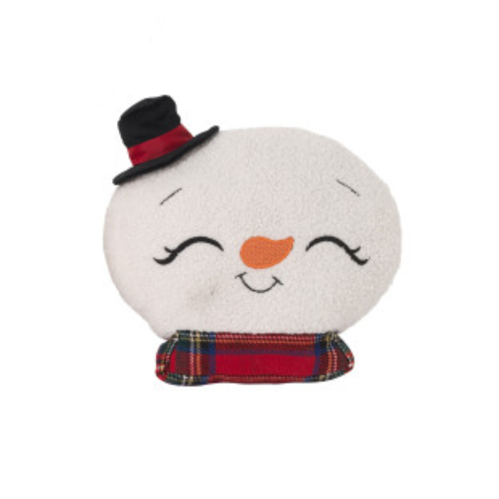 Plush toy resembling a snowman with a black top hat, red scarf, and white face on a white background