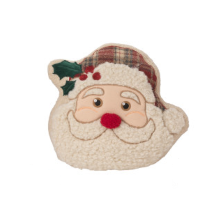 Felt Santa Claus ornament with plaid hat and holly leaves on a white background