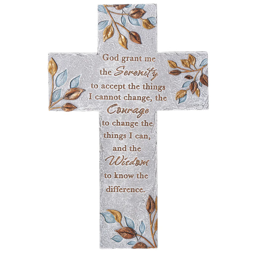 Decorative cross with inspirational quote and leaf designs on a white background