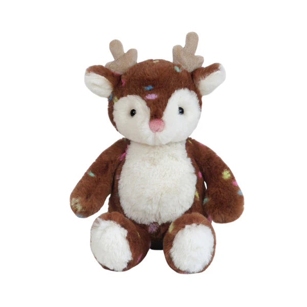 Plush deer toy with brown fur, white accents, and colorful sprinkles on a white background