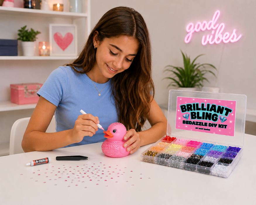 Girl engaging with a 'Brilliant Bling' craft kit in a bright room with decorative elements.