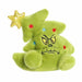 Green plush toy resembling a Christmas tree with a star on top, angry face, and colorful lights.