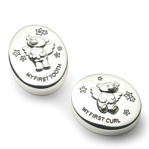 Two silver containers with bear designs and text on a white background