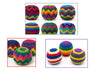 Colorful crocheted balls with zigzag patterns on a white background