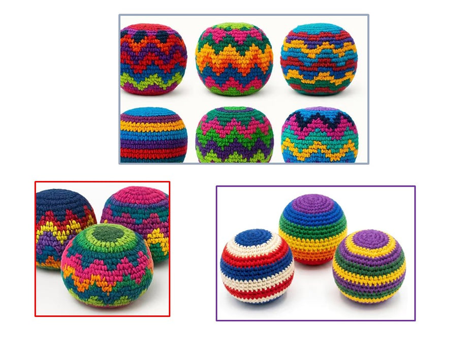 Colorful crocheted balls with zigzag patterns on a white background