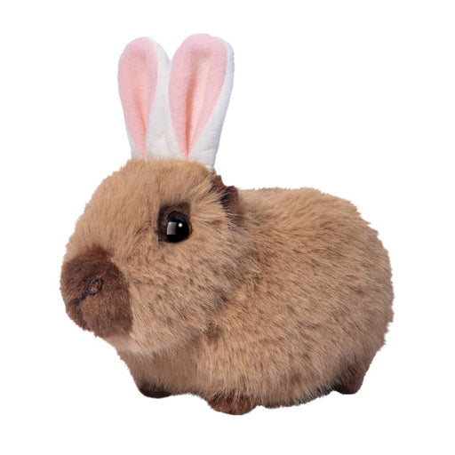 Plush toy resembling a rabbit with brown body and pink ears on a white background