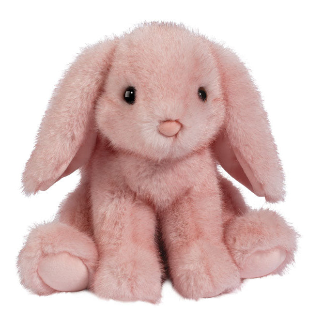 Pink plush bunny toy on a white background