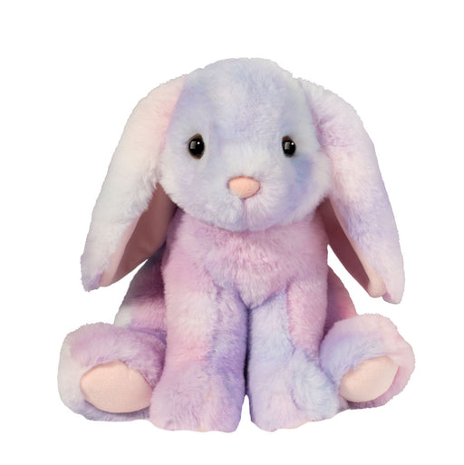 Plush toy rabbit with pastel colors on a white background