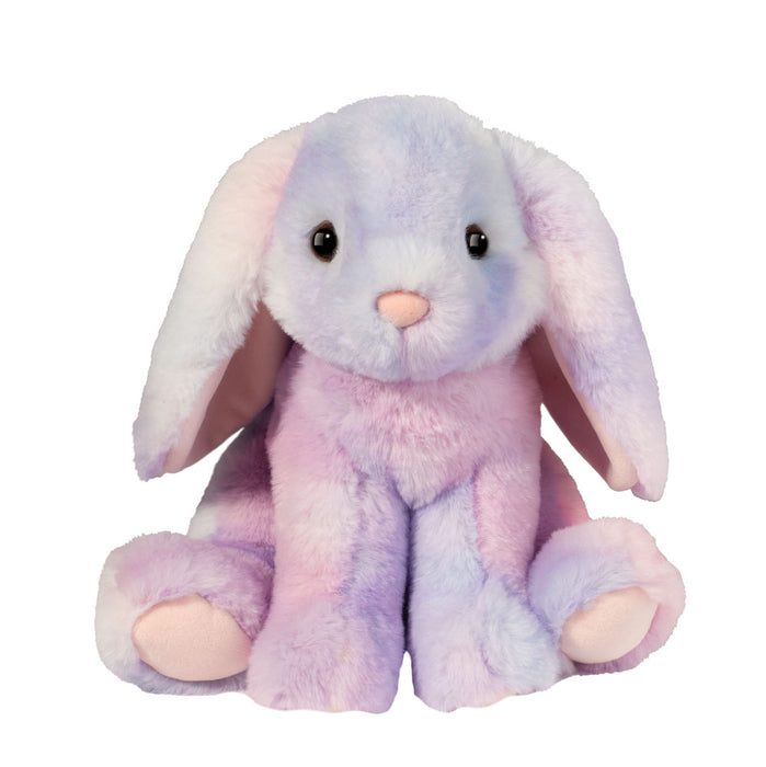 Plush toy rabbit with pastel colors on a white background