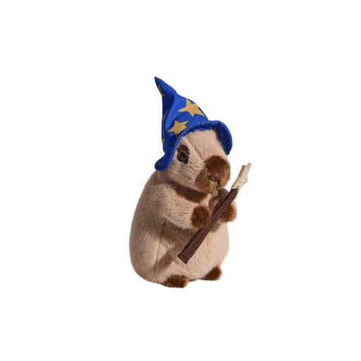 Wizard Capybara plush wearing a blue star-covered wizard hat and holding a wand.