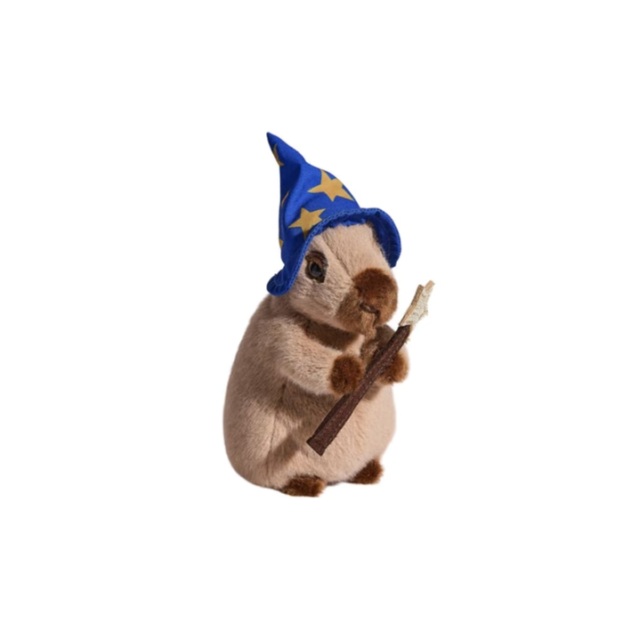Wizard Capybara plush wearing a blue star-covered wizard hat and holding a wand.