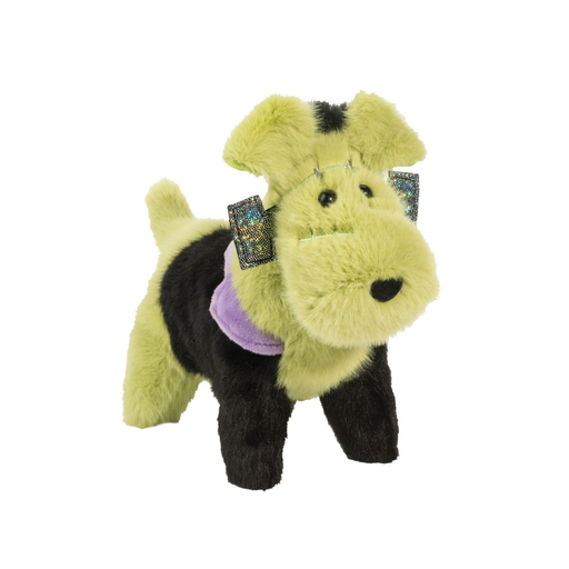 Franken Dog plush with green fur, black and purple details, and sparkly neck bolts.