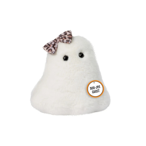 Boo-Jee Ghost plush with soft white fur and a leopard-print bow.