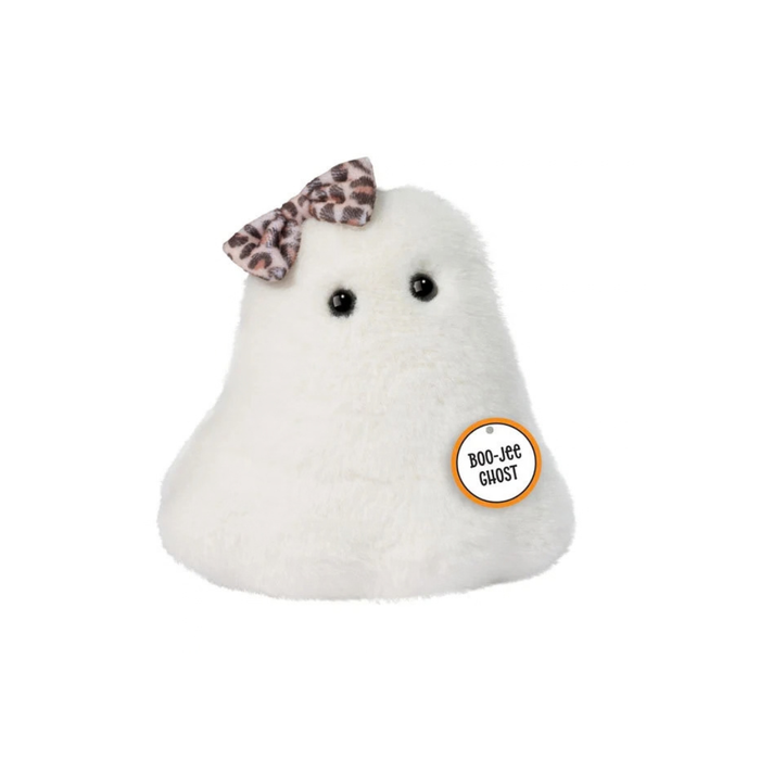 Boo-Jee Ghost plush with soft white fur and a leopard-print bow.