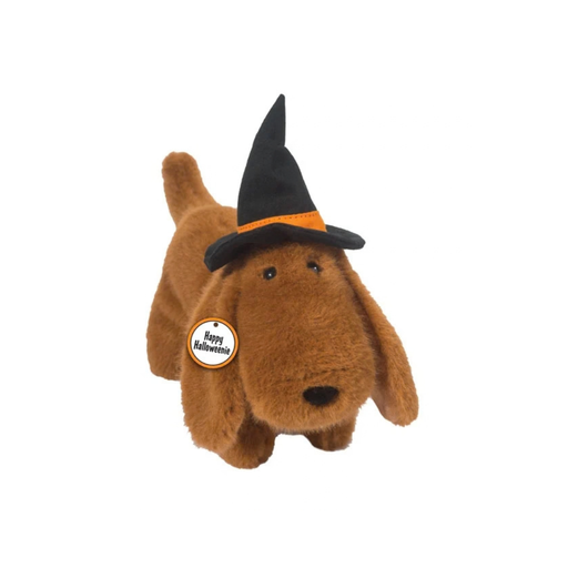Halloweenie Dachshund plush wearing a black witch hat with an orange band.