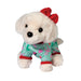 Plush toy dog wearing a red bow and pajamas with heart patterns on a white background