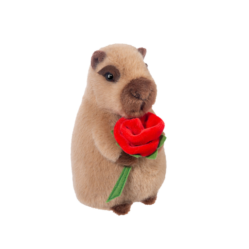 Plush toy guinea pig holding a red rose on a white background