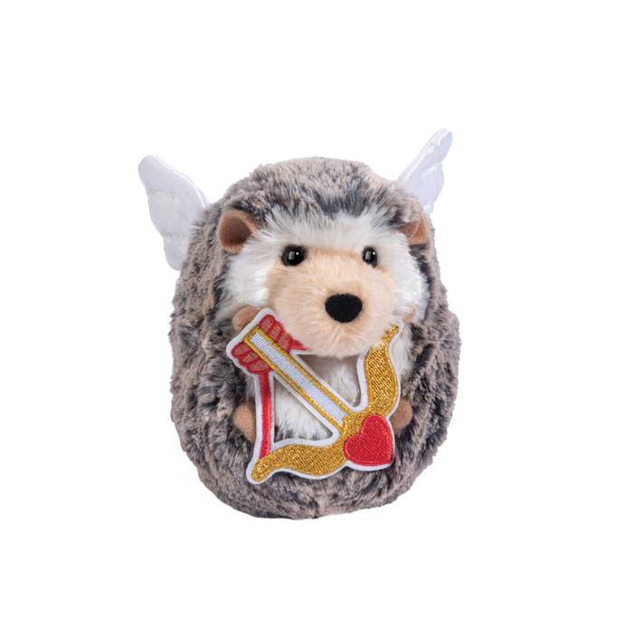 Plush toy resembling a hedgehog with angel wings and a banner on a white background