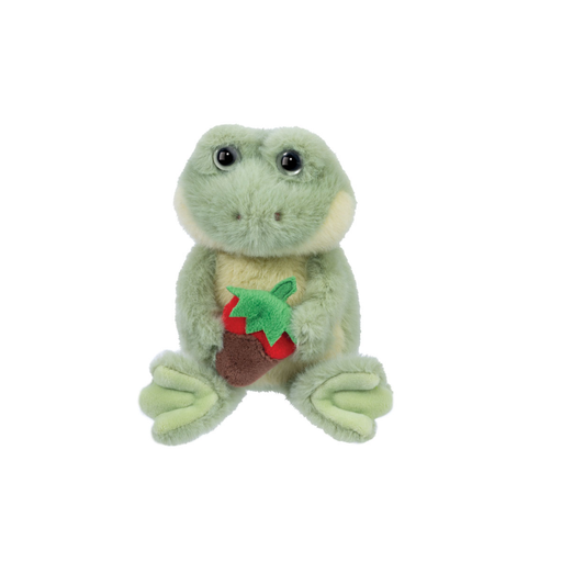 Plush frog toy with a red strawberry on a white background