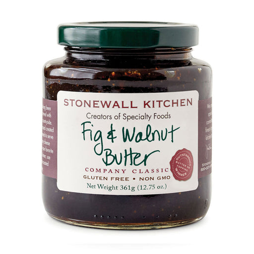 Jar of Stonewall Kitchen Fig & Walnut Butter on a white background