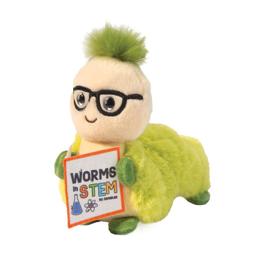 Plush toy worm with glasses holding a 'Worms in STEM' sign on a white background
