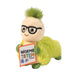 Plush toy worm with glasses holding a 'Worms in STEM' sign on a white background