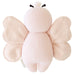 Knitted butterfly toy with a white body and pink wings on a white background