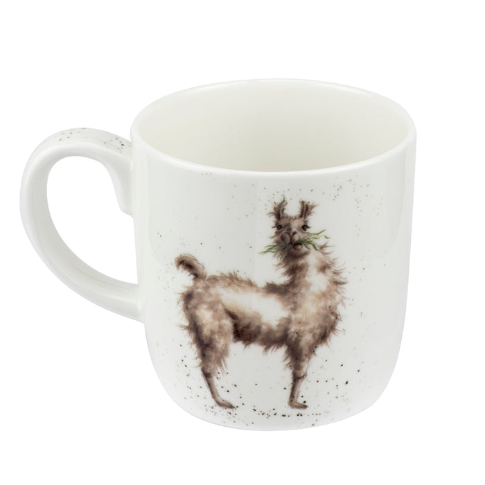White mug with a llama design on a white background