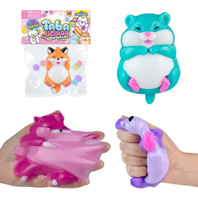 Squishy toys with packaging and a hamster-shaped squishy toy on a white background