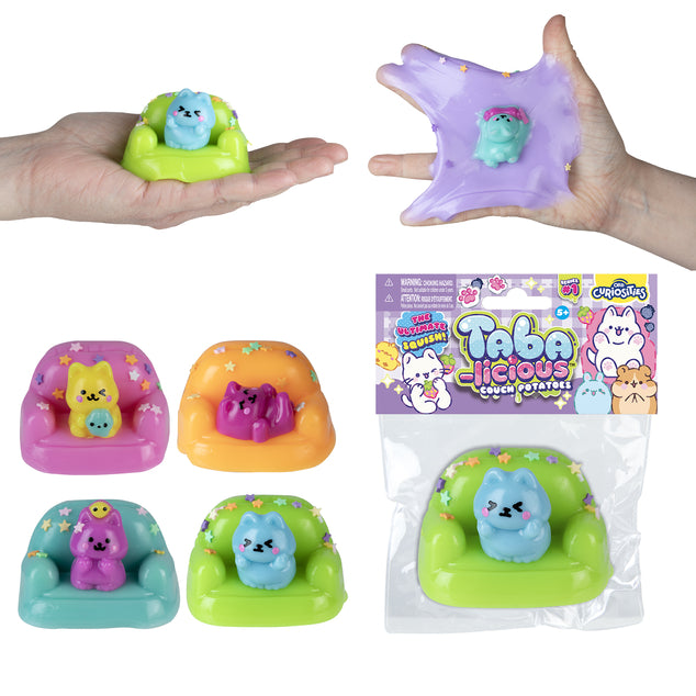 Taba-Licious Couch Potatoes shown stretched, squished, in assorted colors, and in retail packaging.