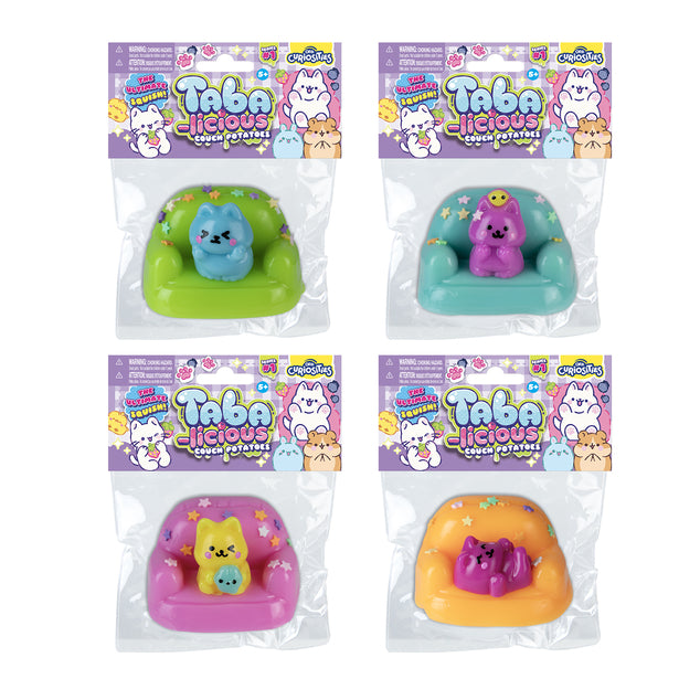 Four assorted Taba-Licious Couch Potatoes in colorful couches shown in retail packaging.