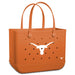 Orange tote bag with a white logo on a white background